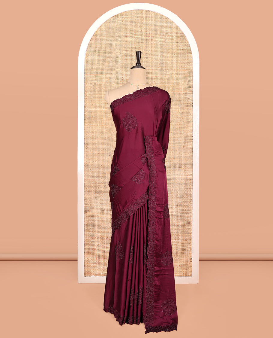 Maroon Designer Saree, Finely Crafted with Floral Stone Patchwork, a Scallop Stonework Border, and a Matching Blouse