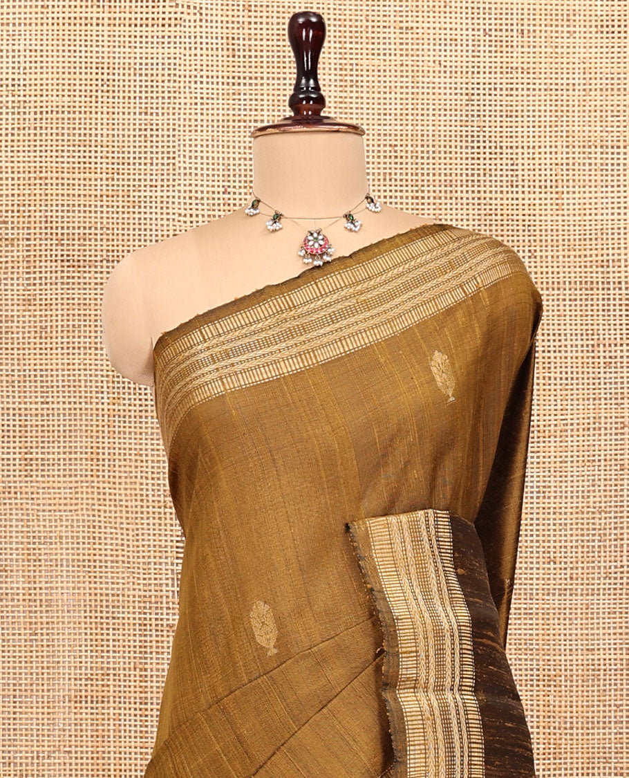 Mustard Dupion Silk Saree, Graced with Buttas, Highlighted by a Traditional Border, Striped Pallu, and a Matching Blouse