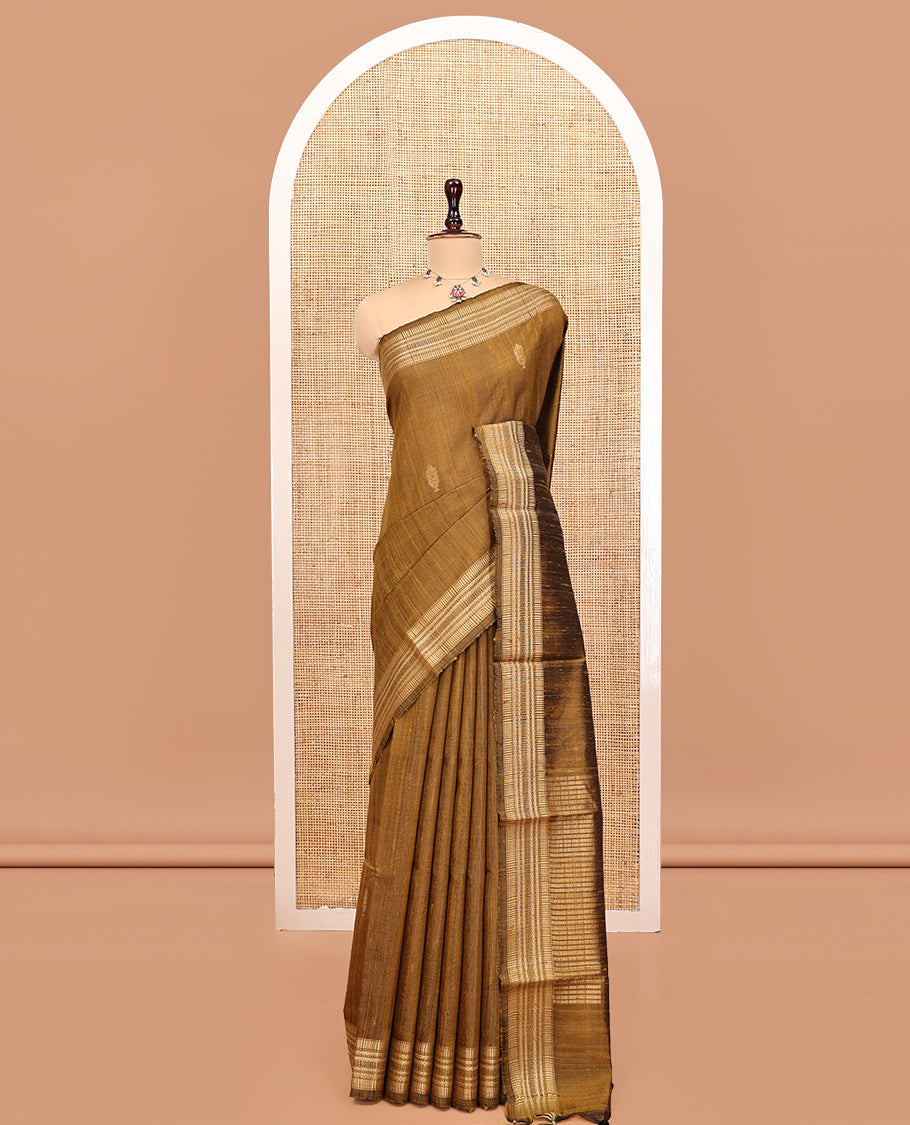 Mustard Dupion Silk Saree, Graced with Buttas, Highlighted by a Traditional Border, Striped Pallu, and a Matching Blouse