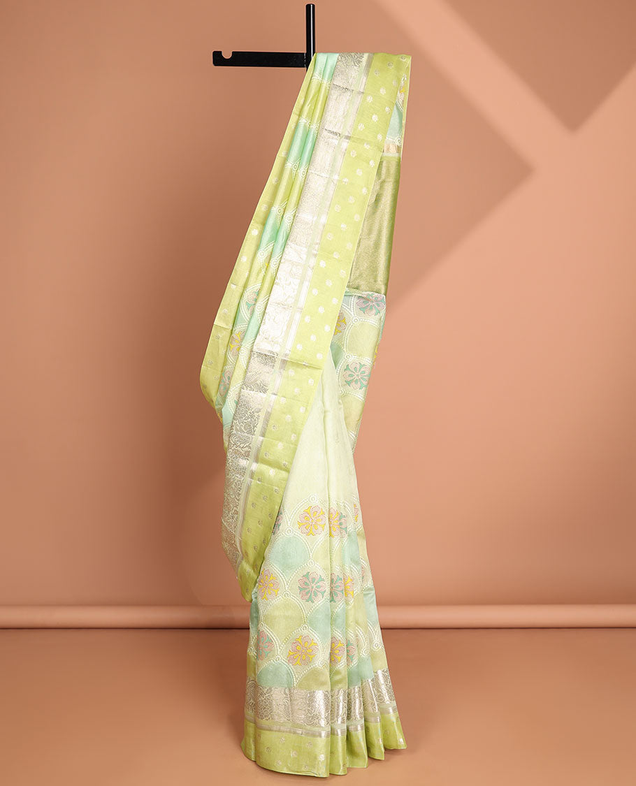 Multi-color floral design dupion saree with contrast zari design border & striped pallu