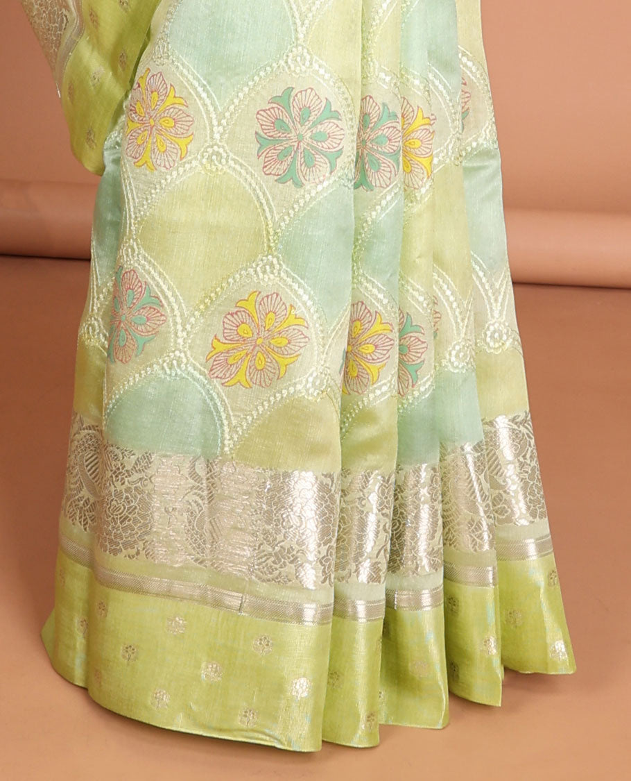 Multi-color floral design dupion saree with contrast zari design border & striped pallu