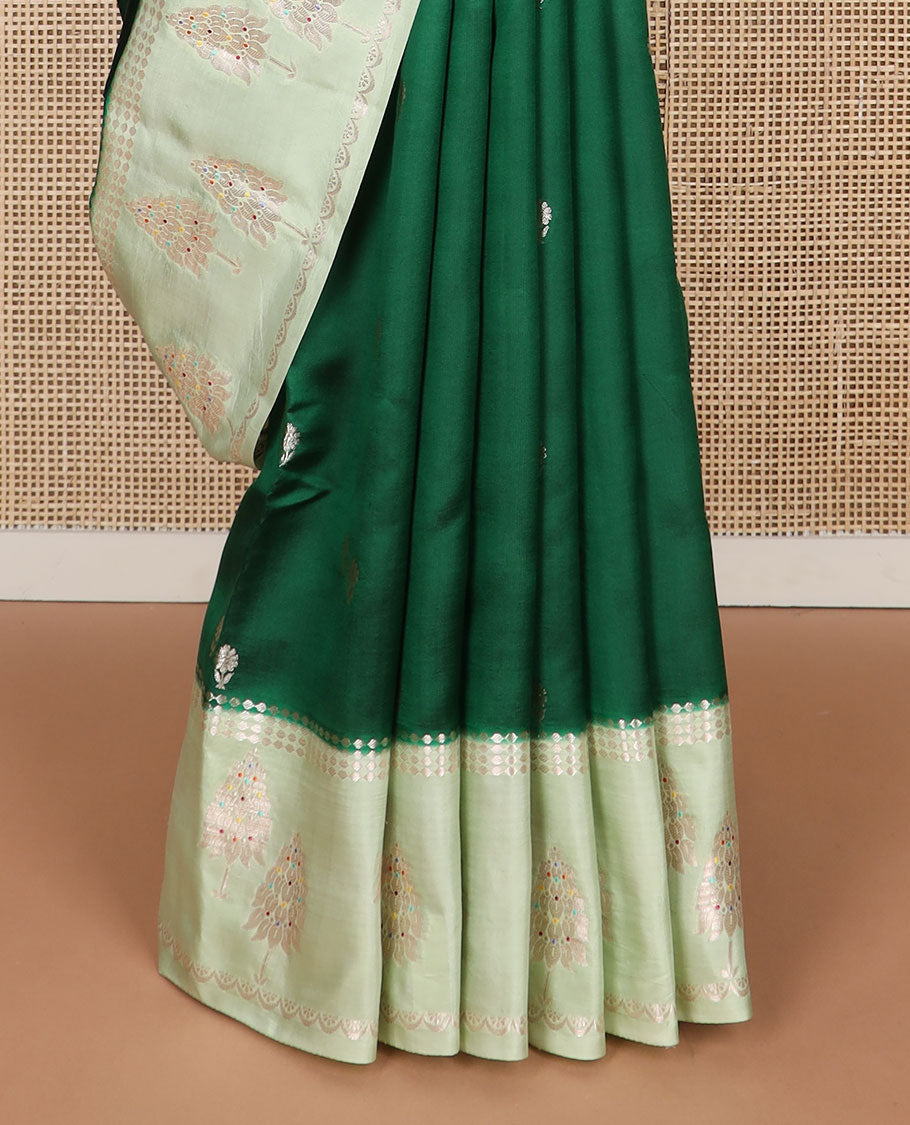 Dark green floral motifs raw mango silk saree with contrast zari design border & floral design pallu
