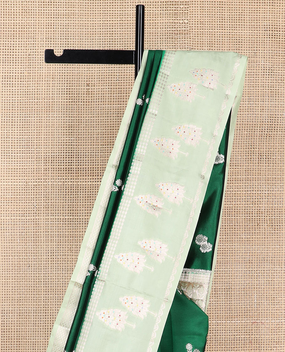 Dark green floral motifs raw mango silk saree with contrast zari design border & floral design pallu