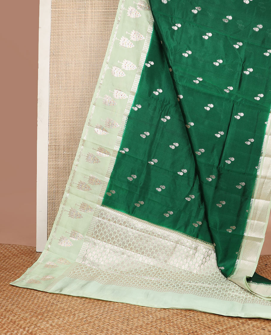 Dark green floral motifs raw mango silk saree with contrast zari design border & floral design pallu