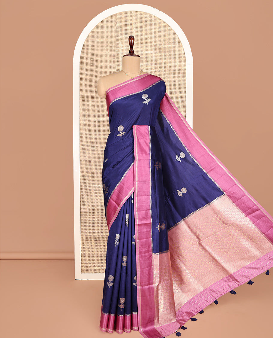 Blue Semi-Banaras Dupion Saree, Richly Detailed with Floral Buttas, Complemented by Contrast Temple Border, Grand Jaal Pallu, and a Contrast Blouse
