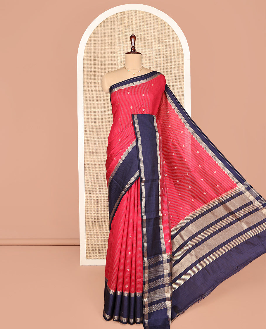Red Dupion Silk Saree, Finely Crafted with Zari Stripes and Buttas, Complemented by a Contrast Traditional Zari Design Border, Striped Pallu, and a Contrast Blouse