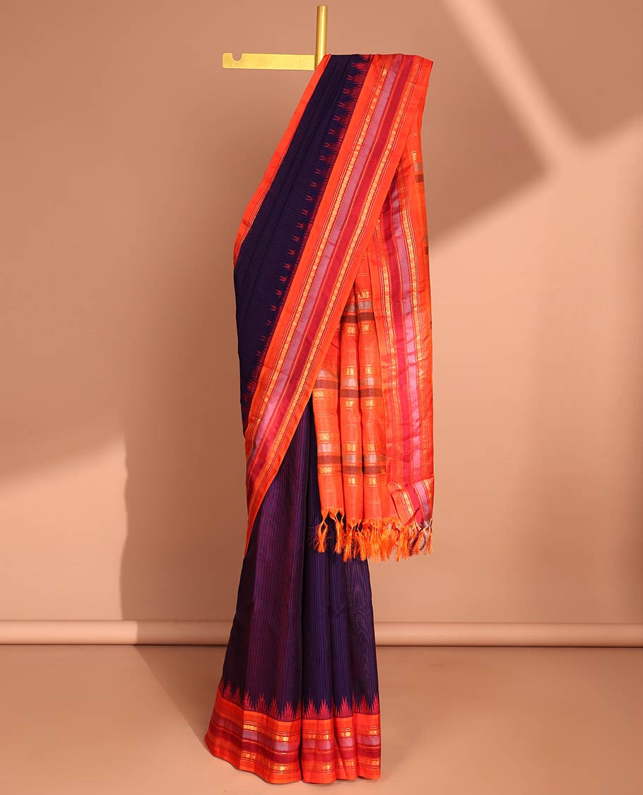 Blue gadwal saree with contrast zari design border & traditional zari design pallu