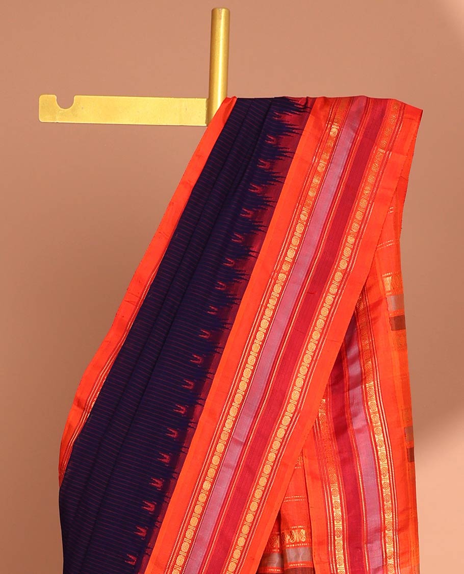 Blue gadwal saree with contrast zari design border & traditional zari design pallu