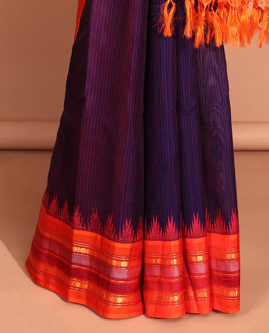 Blue gadwal saree with contrast zari design border & traditional zari design pallu