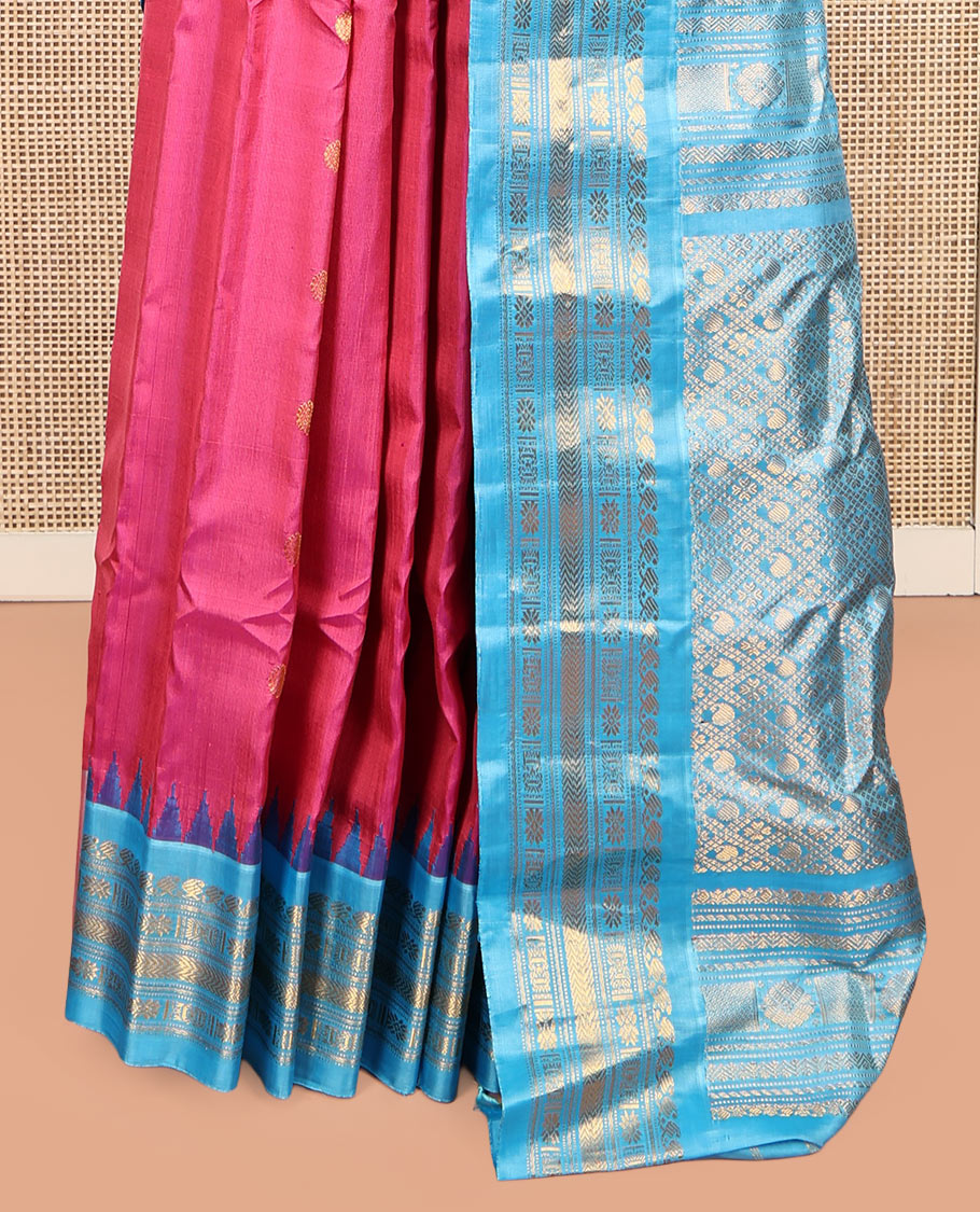 Pink Gadwal Silk Saree, Adorned with Zari Buttas, Complemented by a Contrast Temple Traditional Zari Border, Grand Pallu, and a Contrast Blouse