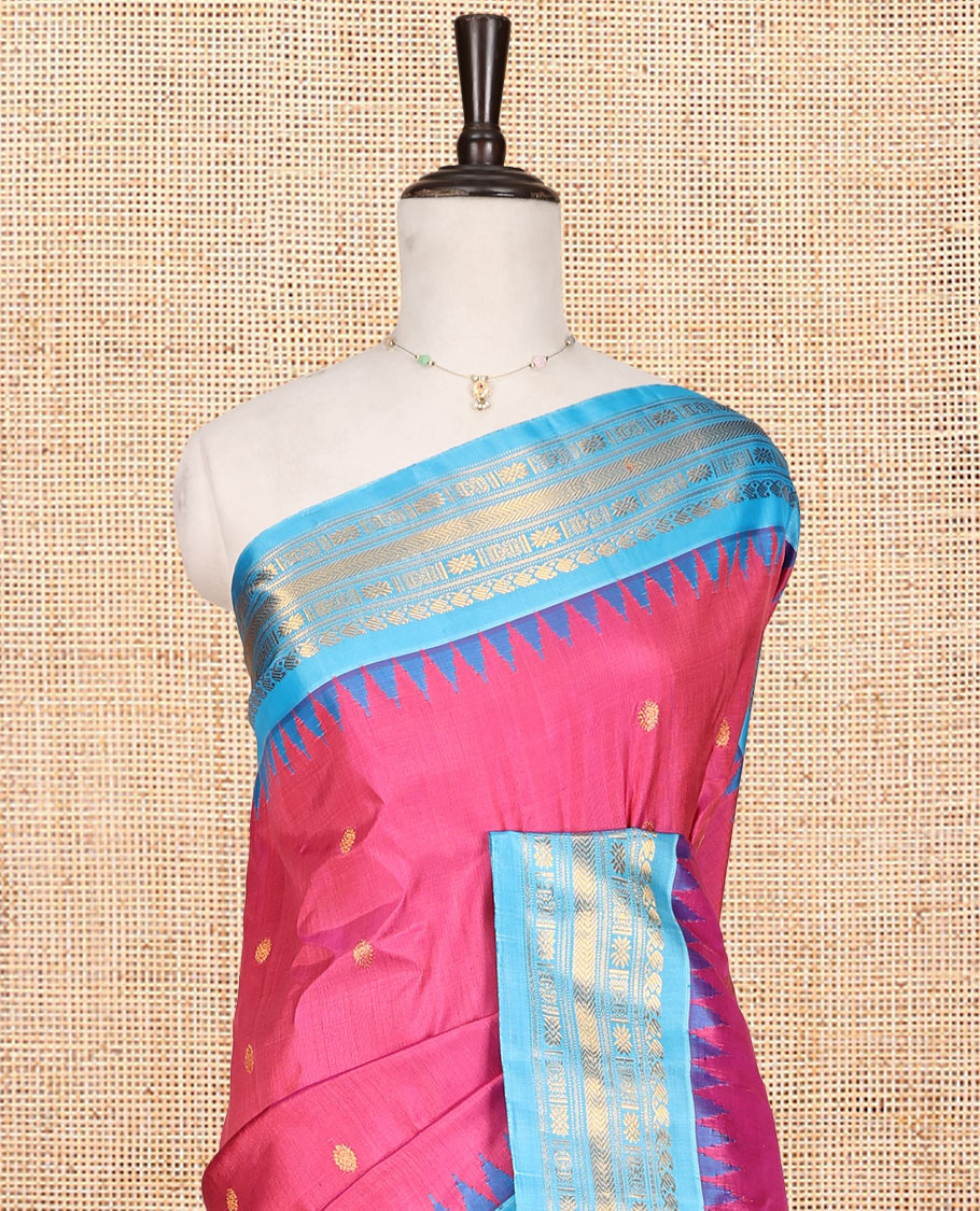 Pink Gadwal Silk Saree, Adorned with Zari Buttas, Complemented by a Contrast Temple Traditional Zari Border, Grand Pallu, and a Contrast Blouse