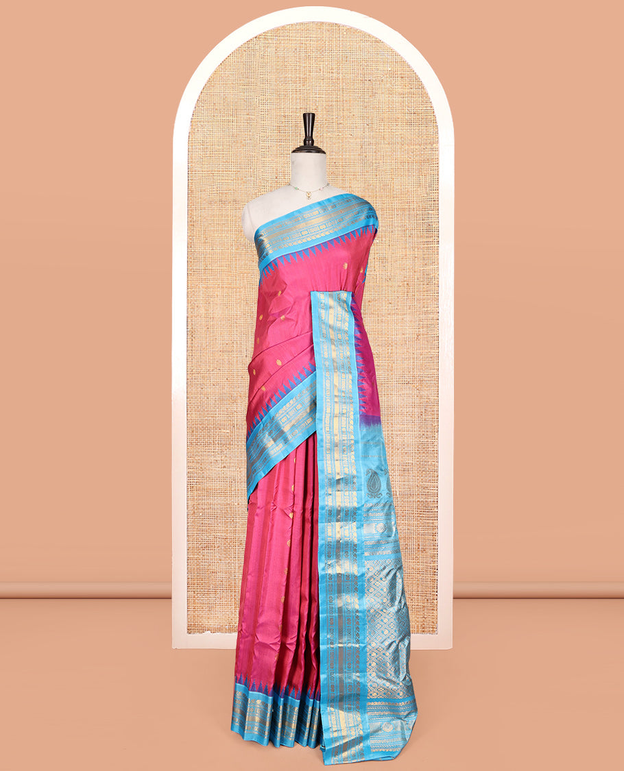 Pink Gadwal Silk Saree, Adorned with Zari Buttas, Complemented by a Contrast Temple Traditional Zari Border, Grand Pallu, and a Contrast Blouse