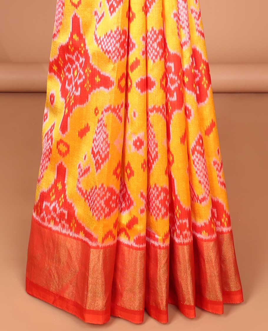Multi-color fish, floral design ikkat saree with contrast plain border & floral design pallu