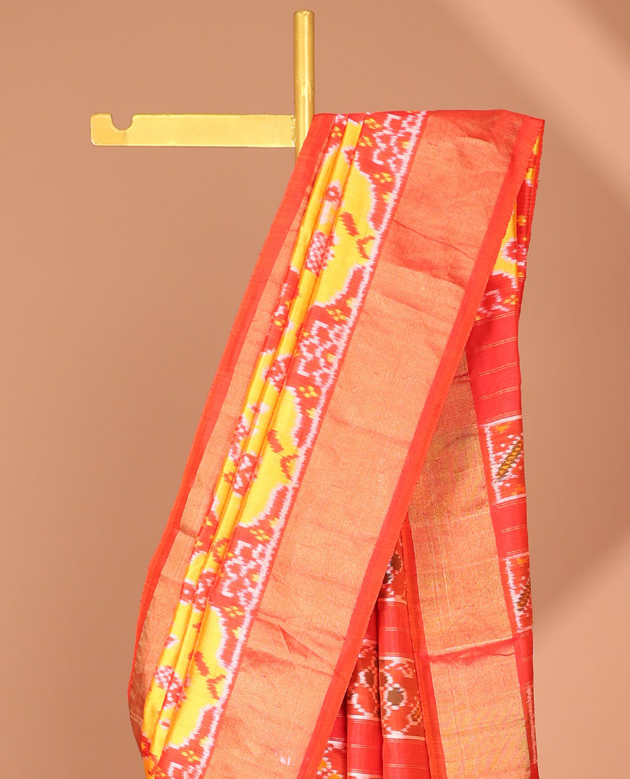 Multi-color fish, floral design ikkat saree with contrast plain border & floral design pallu