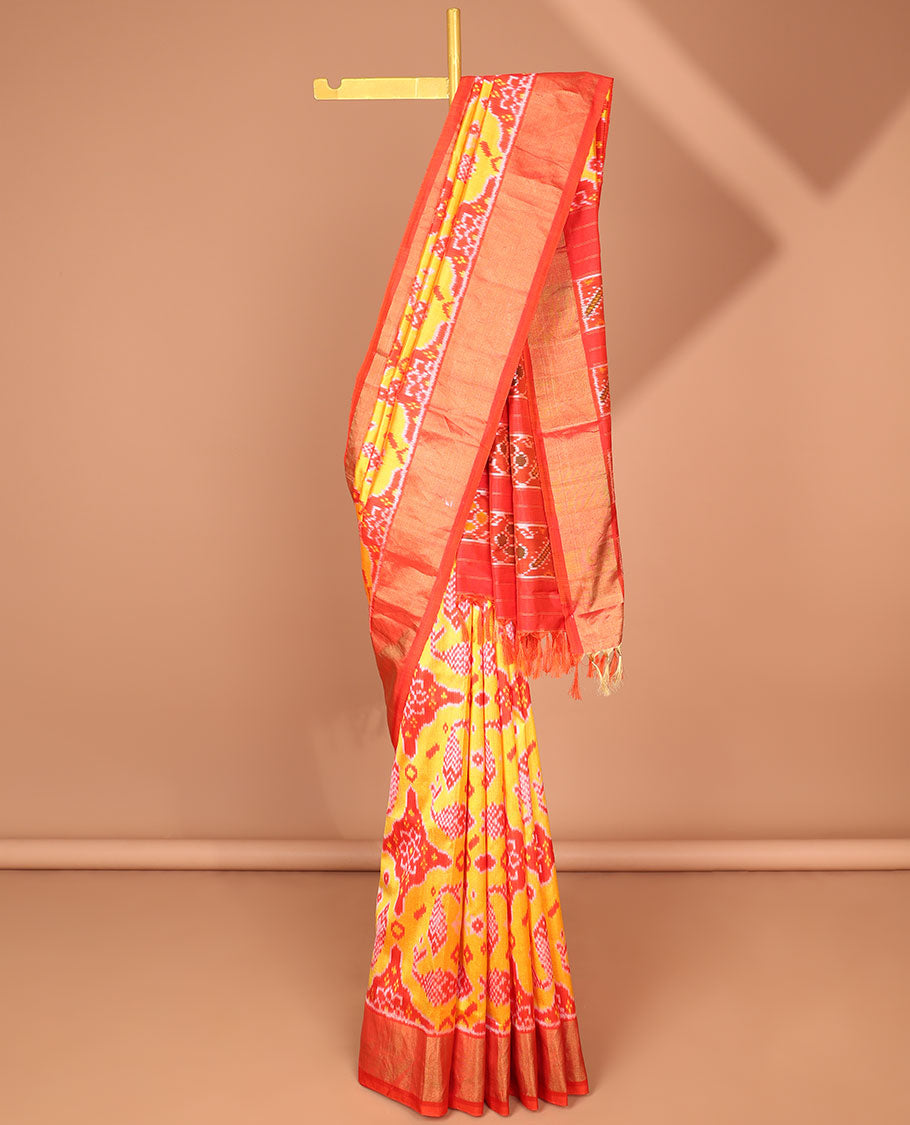 Multi-color fish, floral design ikkat saree with contrast plain border & floral design pallu
