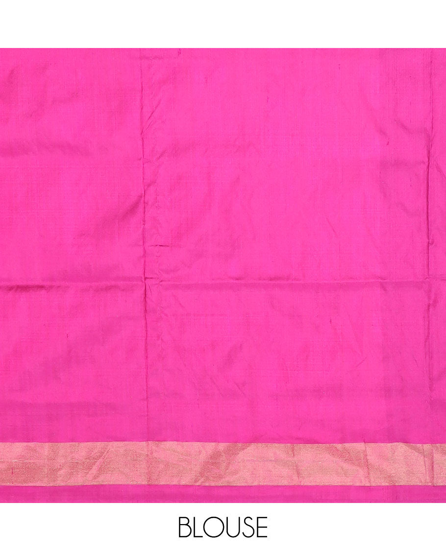 Pink Ikkat Silk Saree Highlighted with Diamond-Shaped Ikkat Buttas, Featuring a Contrast Ikkat Temple Border and a Pallu Showcasing an Ikkat-Textured Jaal Design, Paired with a Contrast Blouse