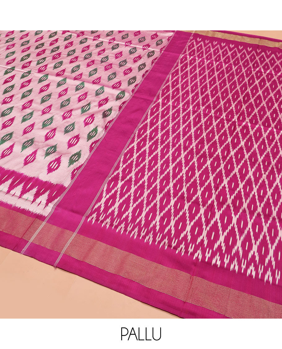 Pink Ikkat Silk Saree Highlighted with Diamond-Shaped Ikkat Buttas, Featuring a Contrast Ikkat Temple Border and a Pallu Showcasing an Ikkat-Textured Jaal Design, Paired with a Contrast Blouse