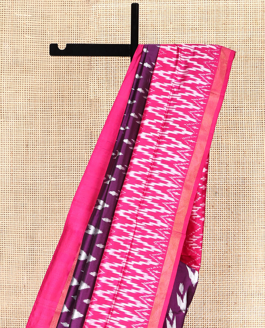 Purple Pochampally Ikat Silk Saree, Adorned with Buttas All Over Its Body, Complemented by a Contrast Temple Border of Geometric Patterns, Ikat-Style Jaal Pallu, and Paired with a Contrast Blouse