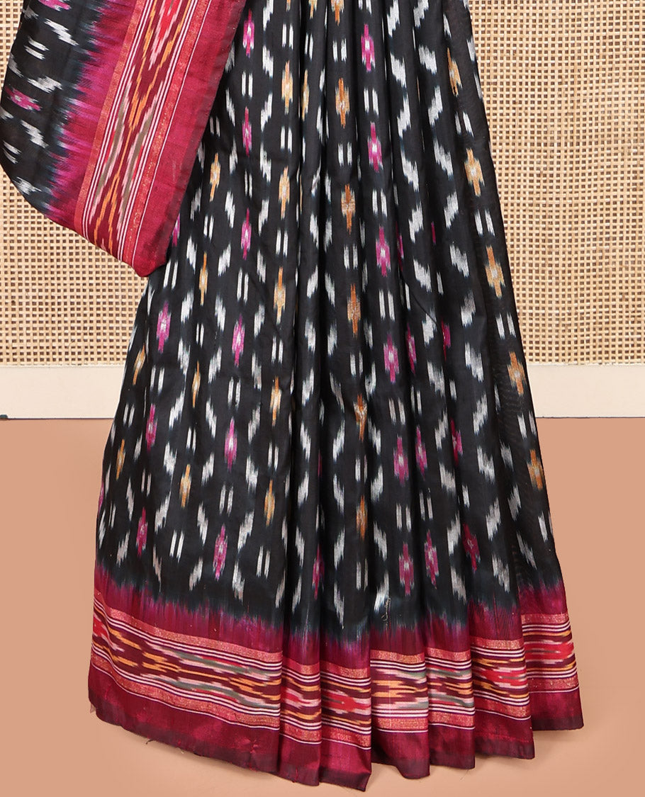 Black Pochampally Ikat Silk Saree, Steeped with Ikat Buttas, Complemented by a Contrast Ikat Border, Ikat Woven Pallu, and No Blouse
