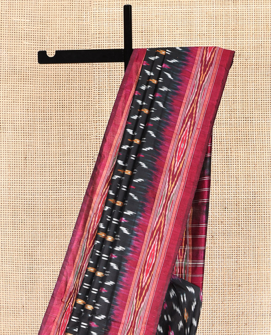 Black Pochampally Ikat Silk Saree, Steeped with Ikat Buttas, Complemented by a Contrast Ikat Border, Ikat Woven Pallu, and No Blouse