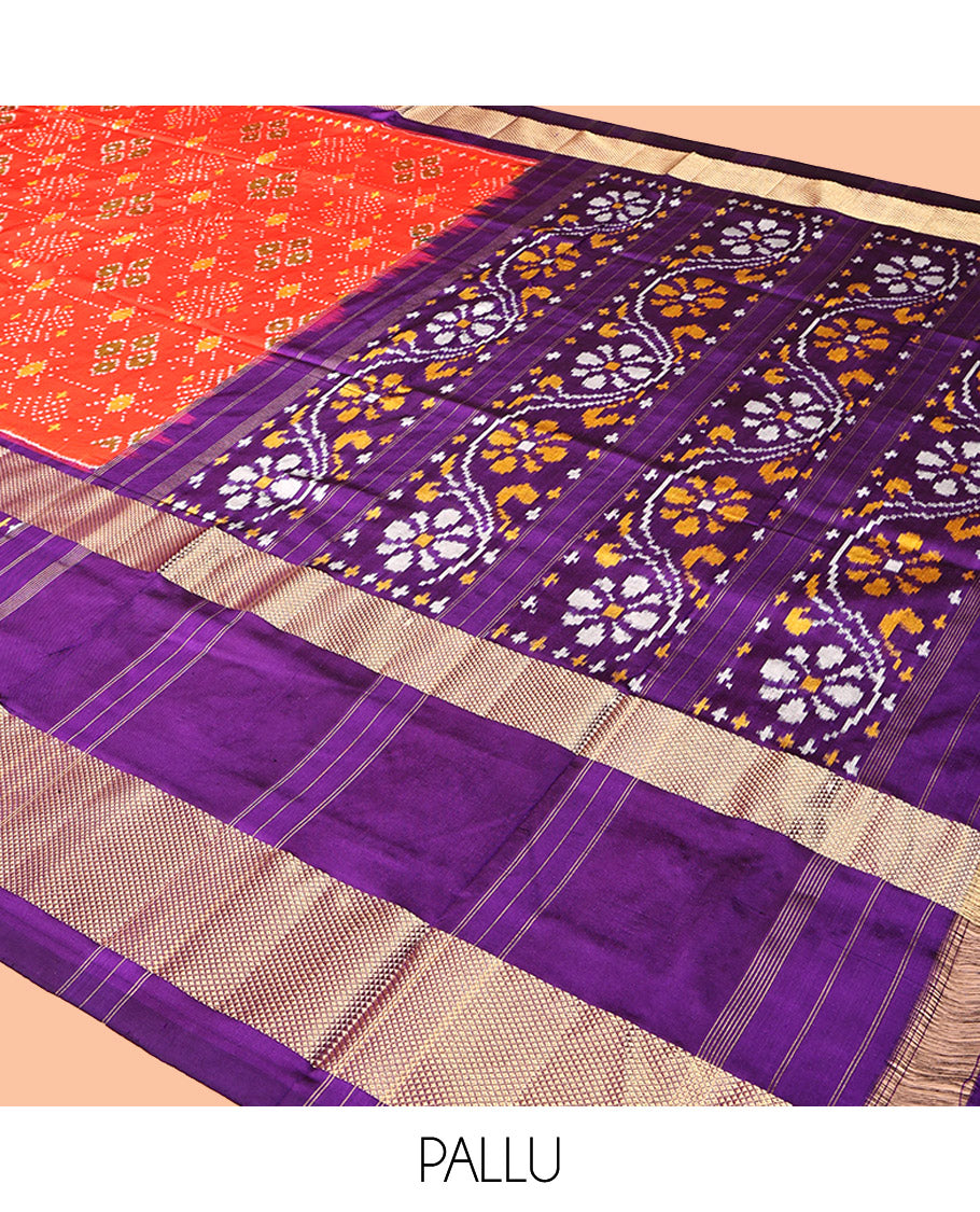 Orange Pochampally Ikat Silk Saree, Accentuated with Intricate Designs, a Contrast Border of Floral Creeper and Peacock-Eye Designs, Floral Creeper Pallu, and a Contrast Blouse