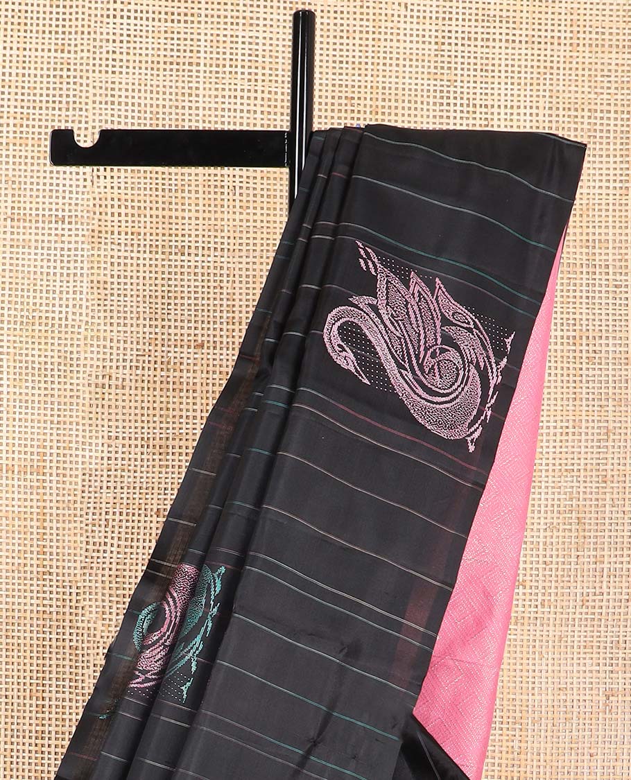 Borderless black striped, bird design kancheepuram silk saree with floral design pallu