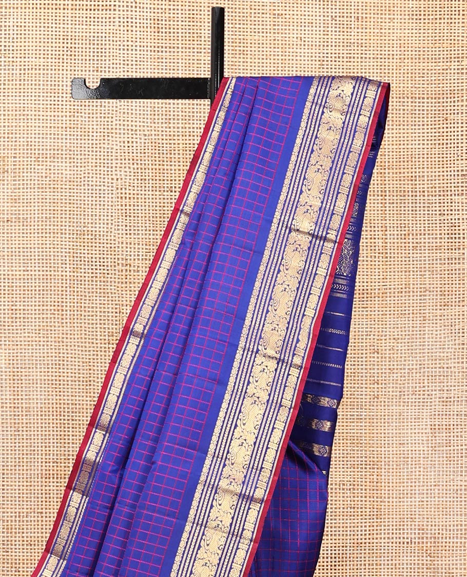 Blue Kanchipuram Silk Saree, Delicately Woven with Checks, Highlighted by a Zari Border of Muthu, Kathir, Mayil, and Yaali Designs, Zari Woven Pallu, and Matching Blouse