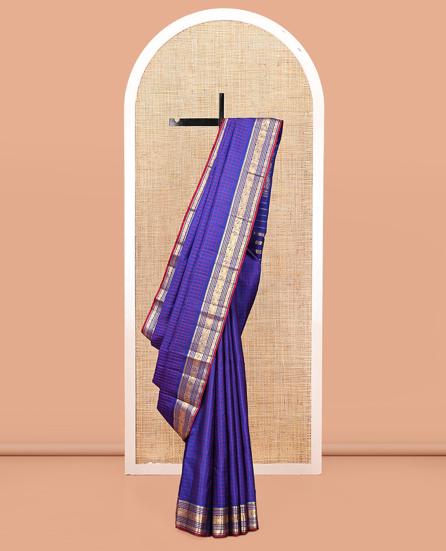 Blue Kanchipuram Silk Saree, Delicately Woven with Checks, Highlighted by a Zari Border of Muthu, Kathir, Mayil, and Yaali Designs, Zari Woven Pallu, and Matching Blouse