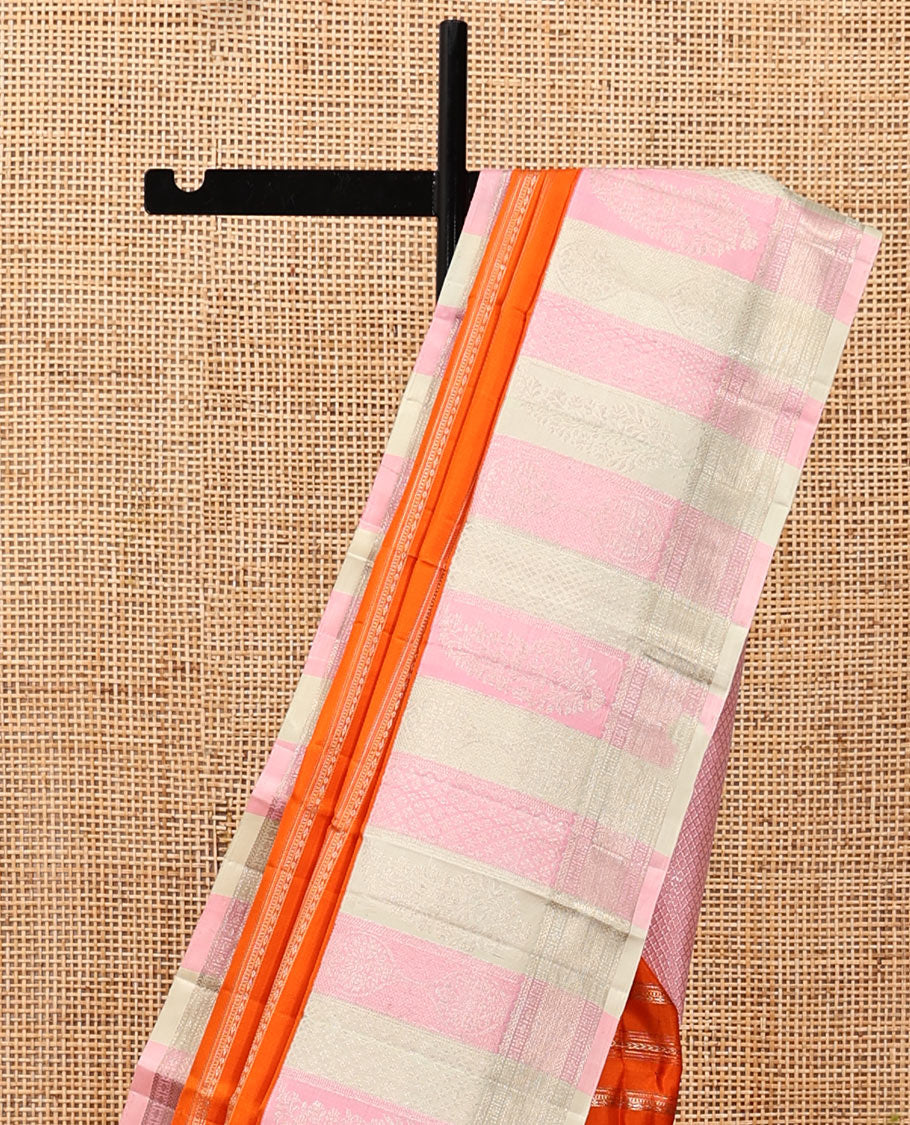 Orange Kanchipuram Designer Silk Saree, Charmingly Accented with Geometric Designs, Complemented by Contrast Jacquard Border, Jaal Pallu, and a Contrast Blouse