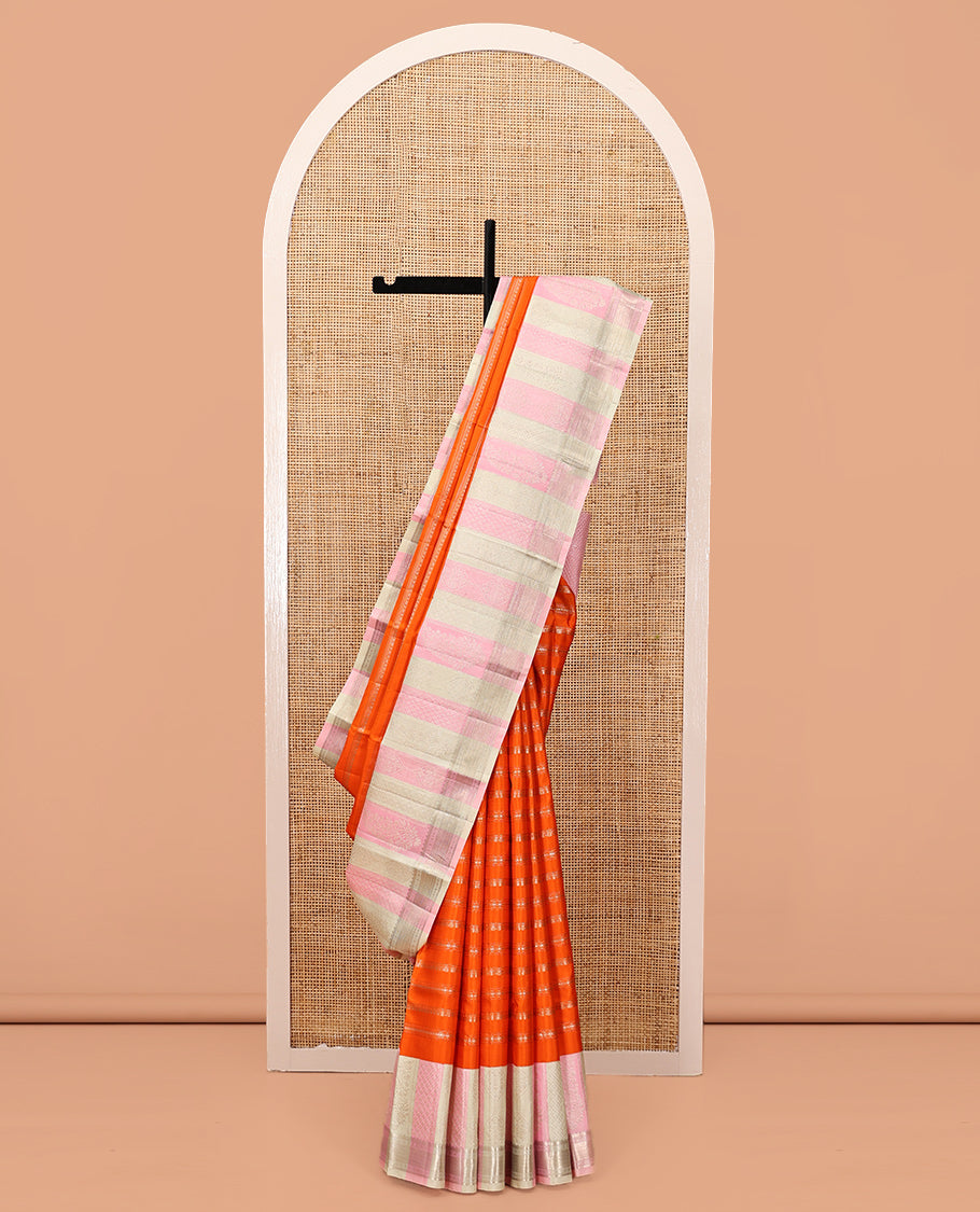 Orange Kanchipuram Designer Silk Saree, Charmingly Accented with Geometric Designs, Complemented by Contrast Jacquard Border, Jaal Pallu, and a Contrast Blouse