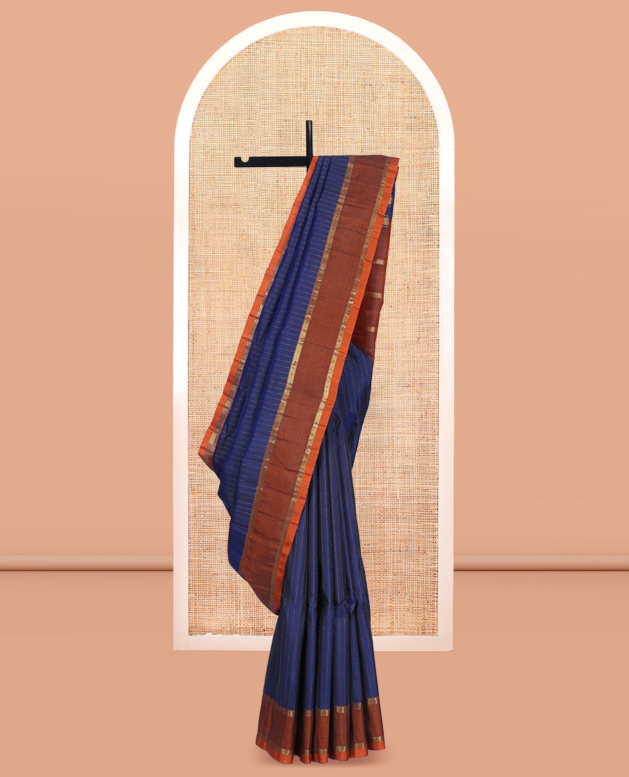 Blue Kanchipuram Silk Saree, Sparsely Woven with Muthu Zari Stripes, Complemented by a Contrast Border, Zari Design Pallu, and a Contrast Blouse