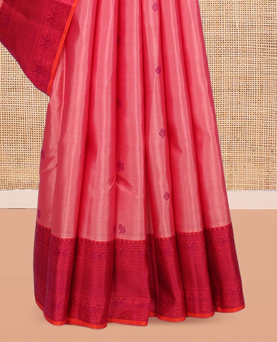 Pink Kanchipuram Silk Saree, Delicately Woven with Mayil-Chakram Buttas, a Contrast Border of Thilakam Mokku, Iruthalai Pakshi, and Kuyil Kann, Jaal Pallu, and a Contrast Blouse