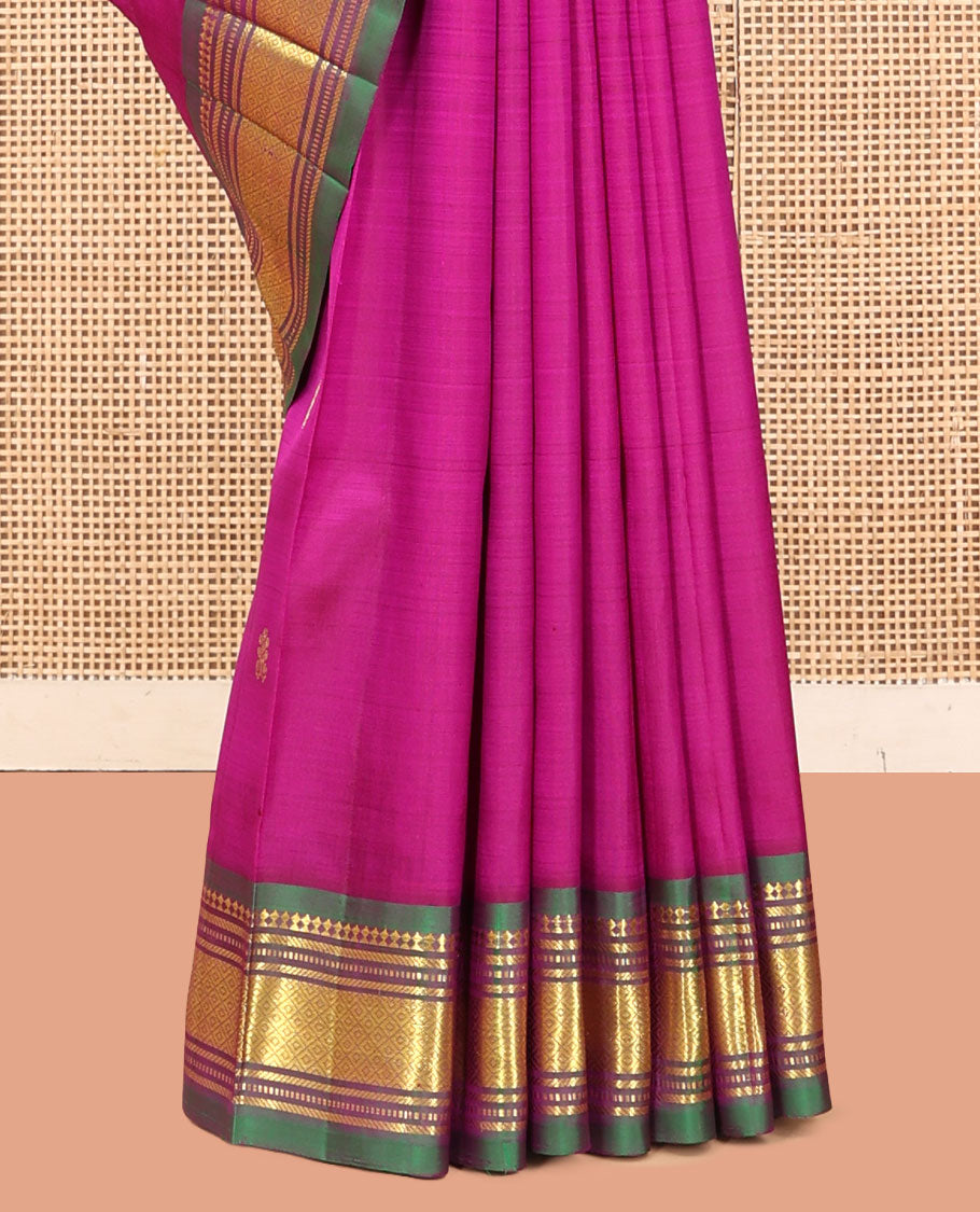 Pink Kanchipuram Silk Saree, Woven with Zari Buttas, a Contrast One-Sided Border of Panner Sombu, Banaras, Muthu, and Mayil Kann Designs, Zari Design Pallu, and No Blouse