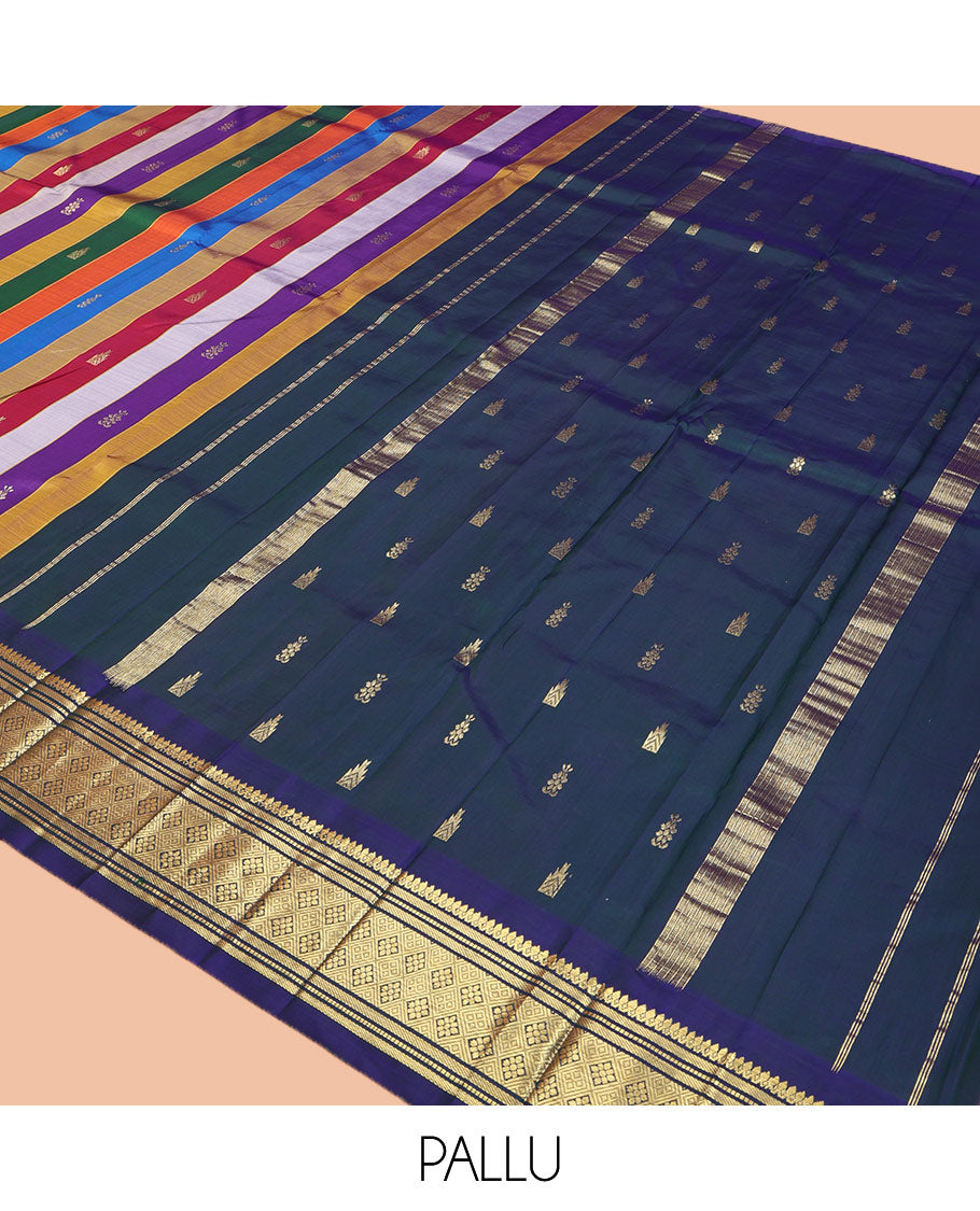 Multi-Color Kanchipuram Silk Saree, Embellished with Stripes and Zari Buttas on Its Body, Highlighted by One-Sided Zari Border of Thilakam Mokku, Banaras, Muthu, and Jaal Designs, Pallu Features Zari Designs, and Comes Without a Blouse