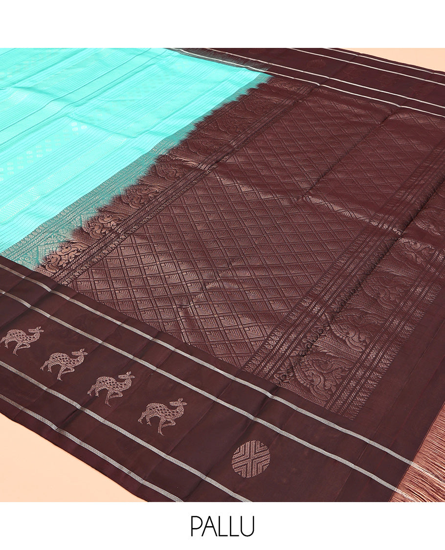 Green Striped Kanchipuram Silk Saree, Complemented by a Contrast Border of Maan and Rudraksham Motifs, Jaal Pallu, and Contrast Blouse