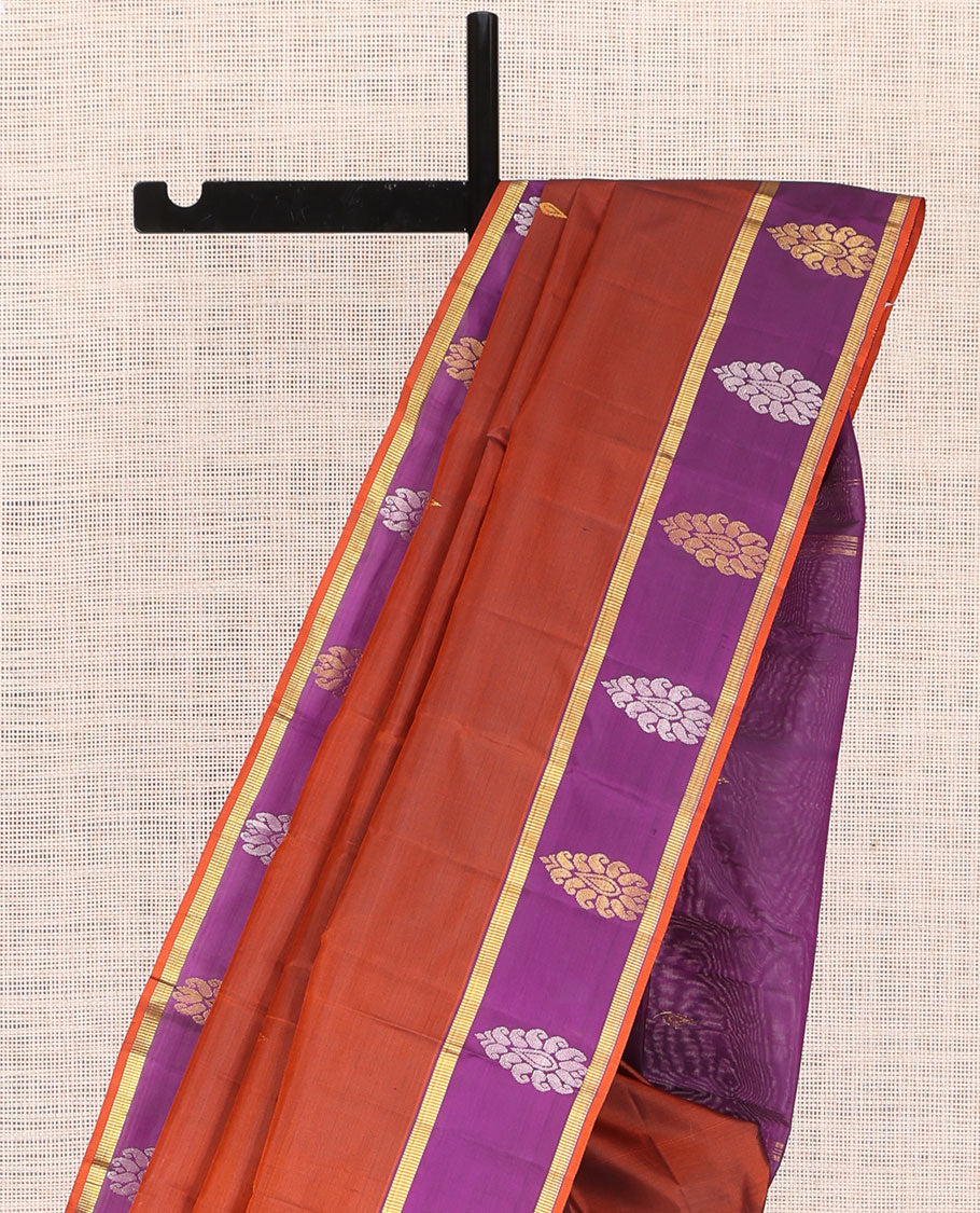 Rust Kanchipuram Silk Saree, Woven with Zari Buttas, a Contrast Traditional Zari Border, Zari Design Pallu, and a Contrast Blouse
