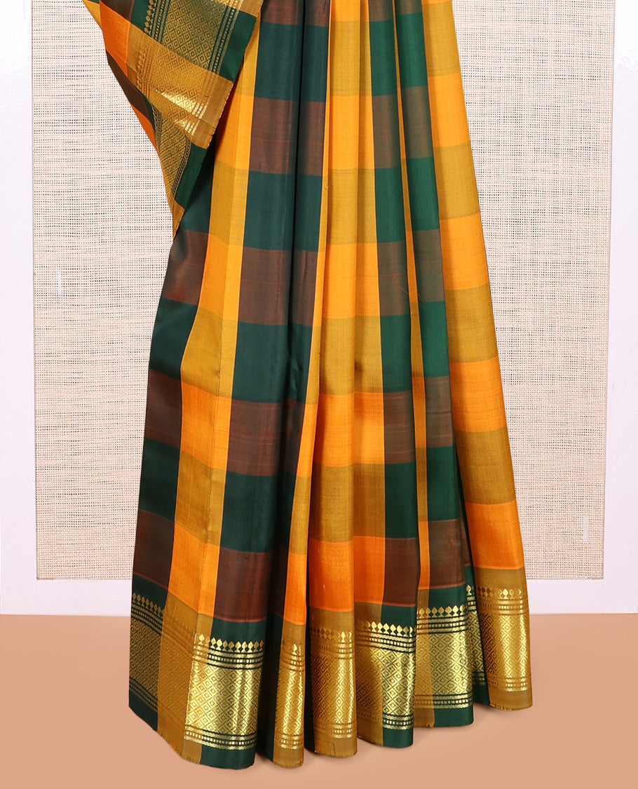 Multi-Color Checked Kanchipuram Silk Saree, Zari One-sided Border of Panner Sombu, Banaras, Muthu, and Mayil Kann Design, Zari Woven Pallu, and No Blouse