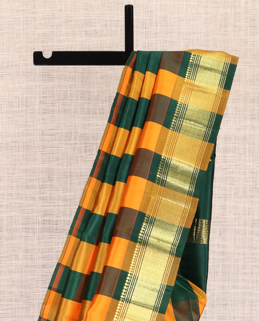 Multi-Color Checked Kanchipuram Silk Saree, Zari One-sided Border of Panner Sombu, Banaras, Muthu, and Mayil Kann Design, Zari Woven Pallu, and No Blouse