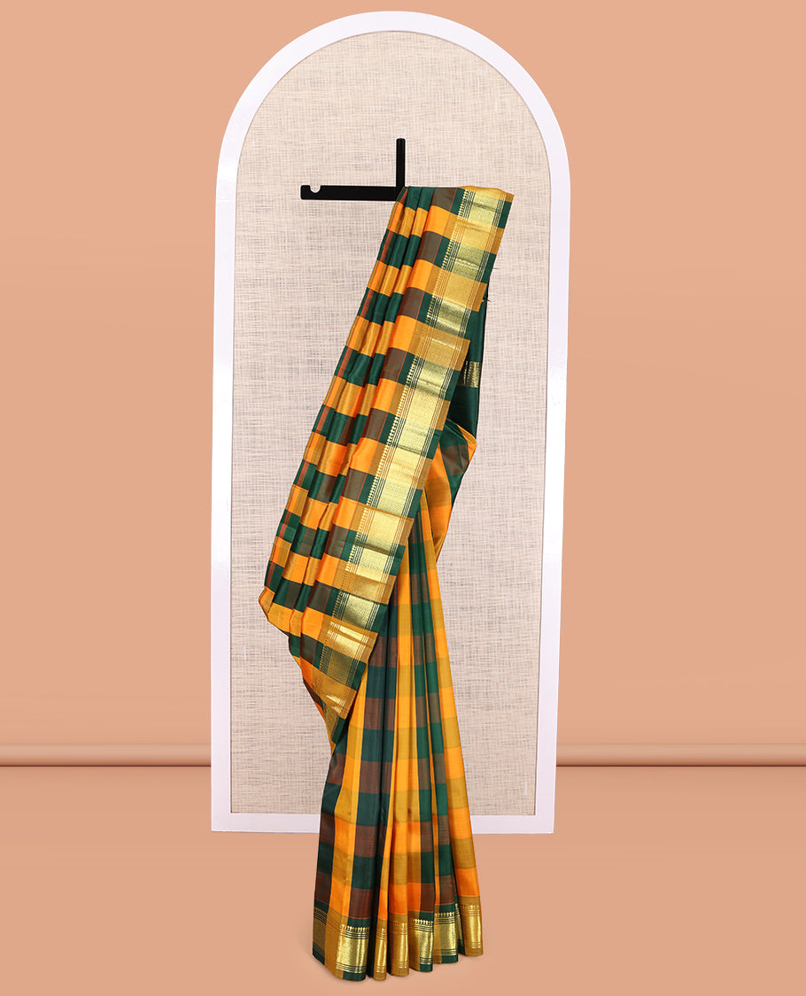 Multi-Color Checked Kanchipuram Silk Saree, Zari One-sided Border of Panner Sombu, Banaras, Muthu, and Mayil Kann Design, Zari Woven Pallu, and No Blouse