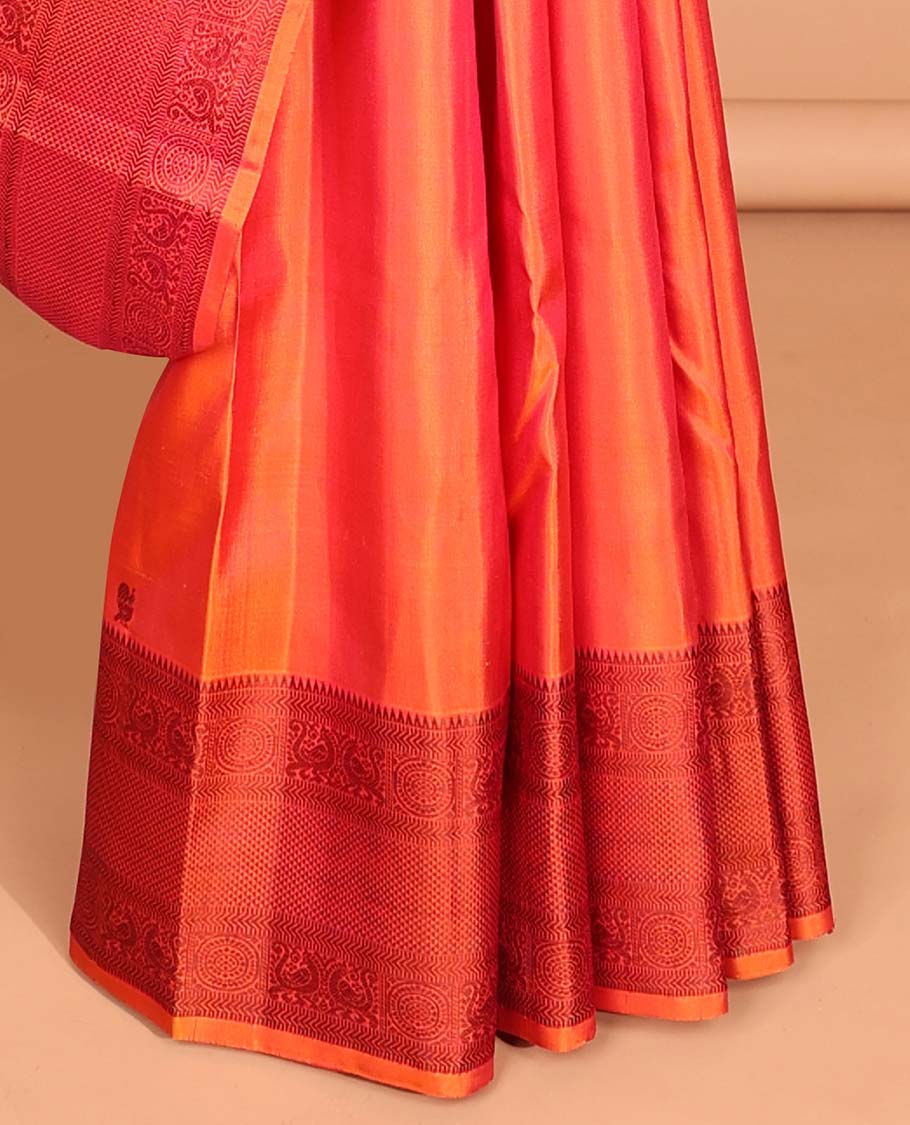 Orange buttas kancheepuram silk saree with contrast border of rekku, kathir,poo chakram, mayil, ara maadam design & zari design pallu