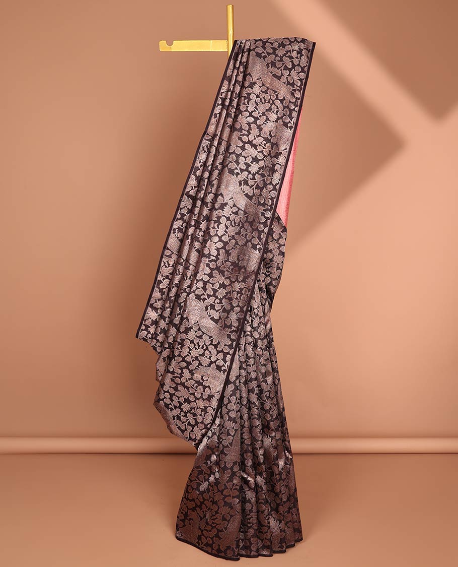 Borderless black floral vine kanchipuram designer silk saree with floral vine design pallu
