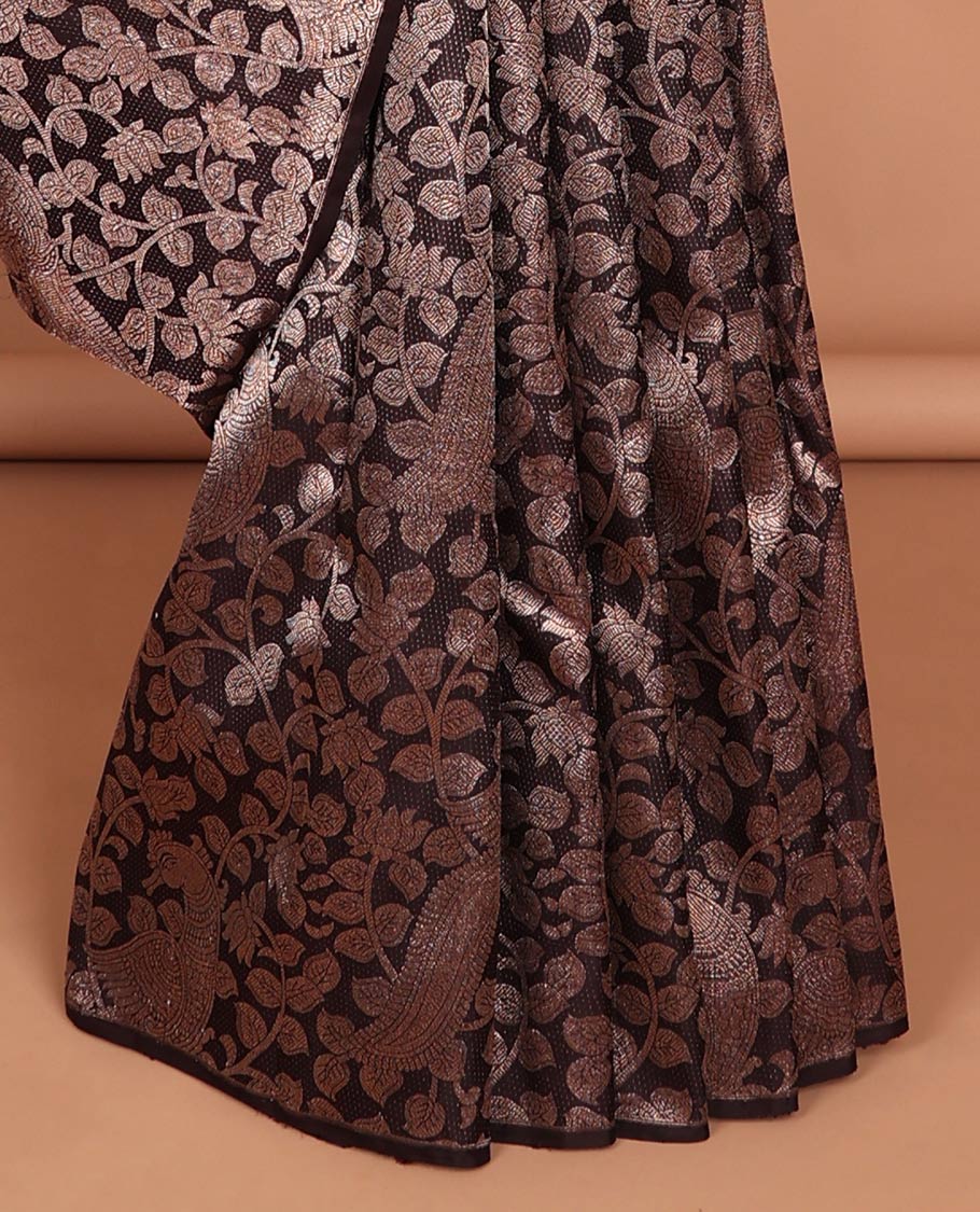 Borderless black floral vine kanchipuram designer silk saree with floral vine design pallu