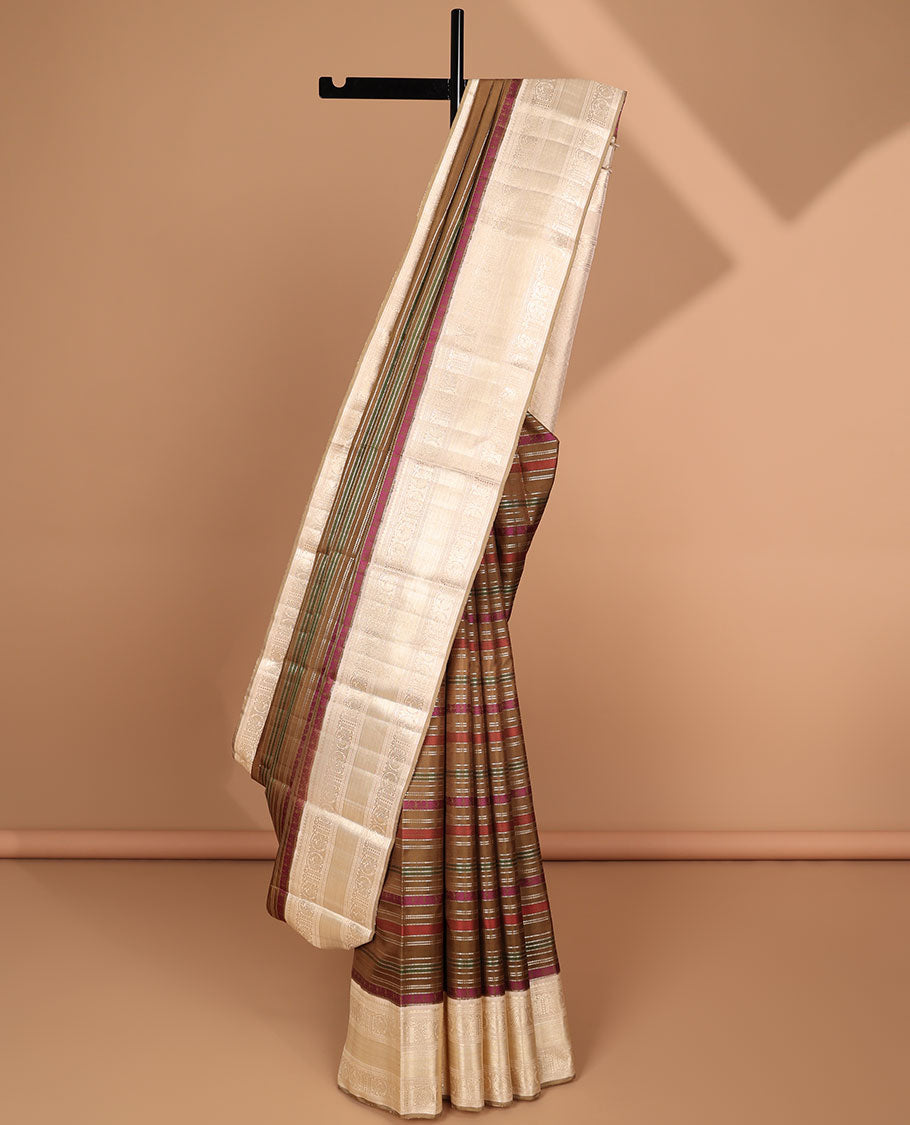 Multi-color striped design kancheepuram silk saree with contrast traditional design border & intricate zari design pallu