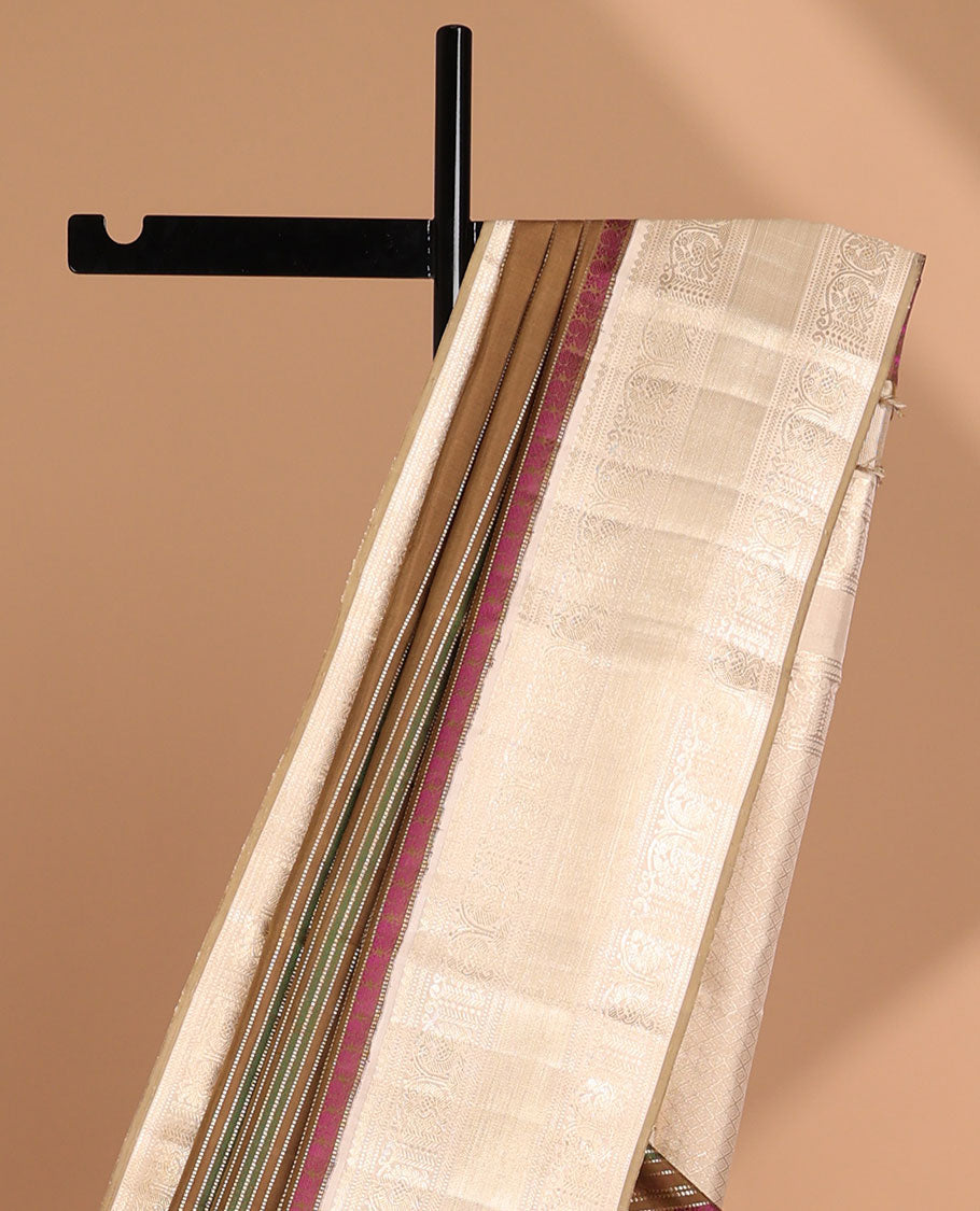Multi-color striped design kancheepuram silk saree with contrast traditional design border & intricate zari design pallu