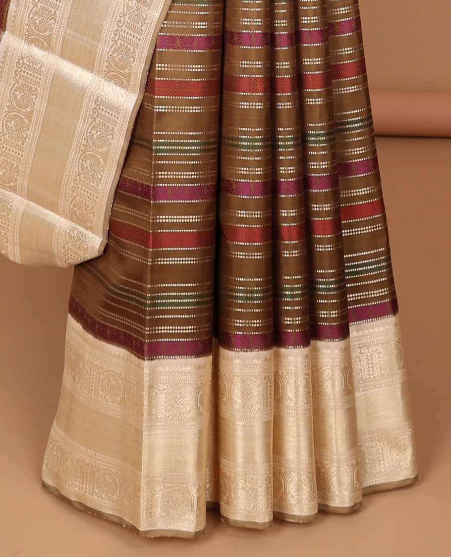 Multi-color striped design kancheepuram silk saree with contrast traditional design border & intricate zari design pallu