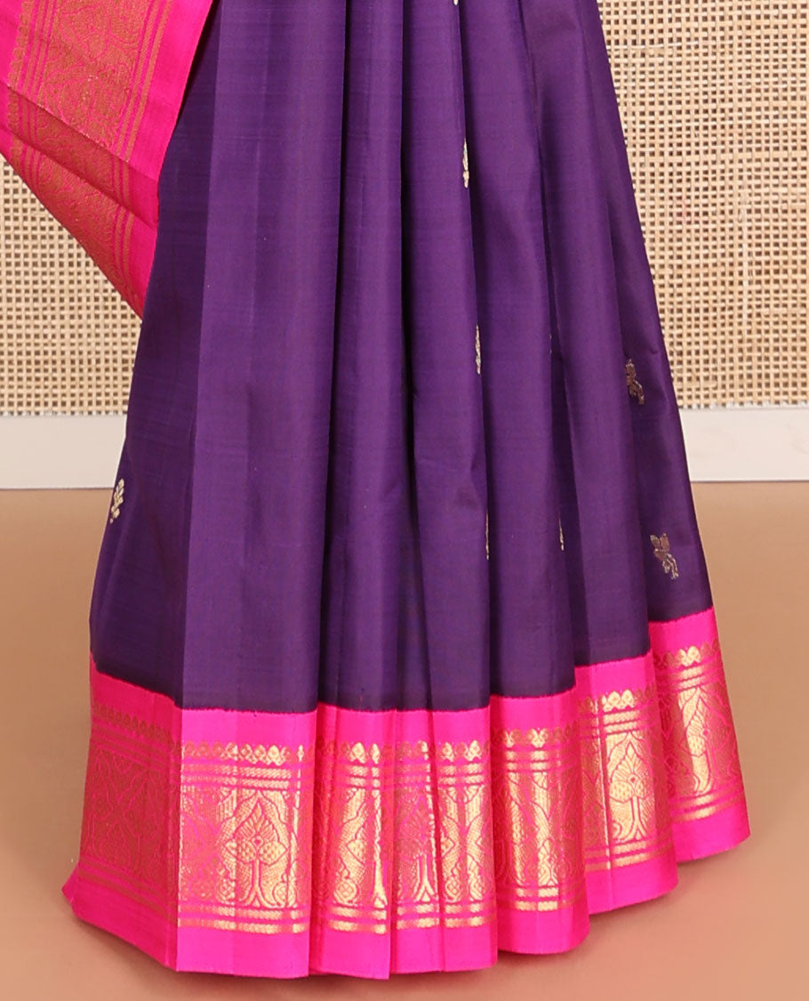 Violet floral buttas kancheepuram silk saree with contrast korvai floral design border & intricate zari design pallu