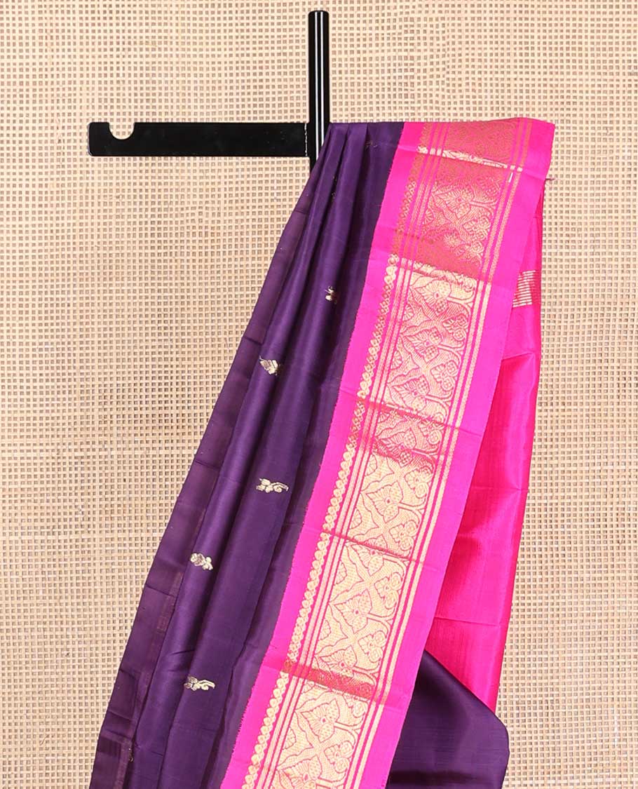 Violet floral buttas kancheepuram silk saree with contrast korvai floral design border & intricate zari design pallu
