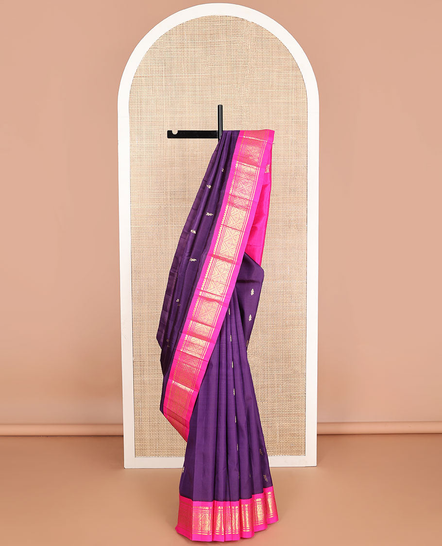 Violet floral buttas kancheepuram silk saree with contrast korvai floral design border & intricate zari design pallu