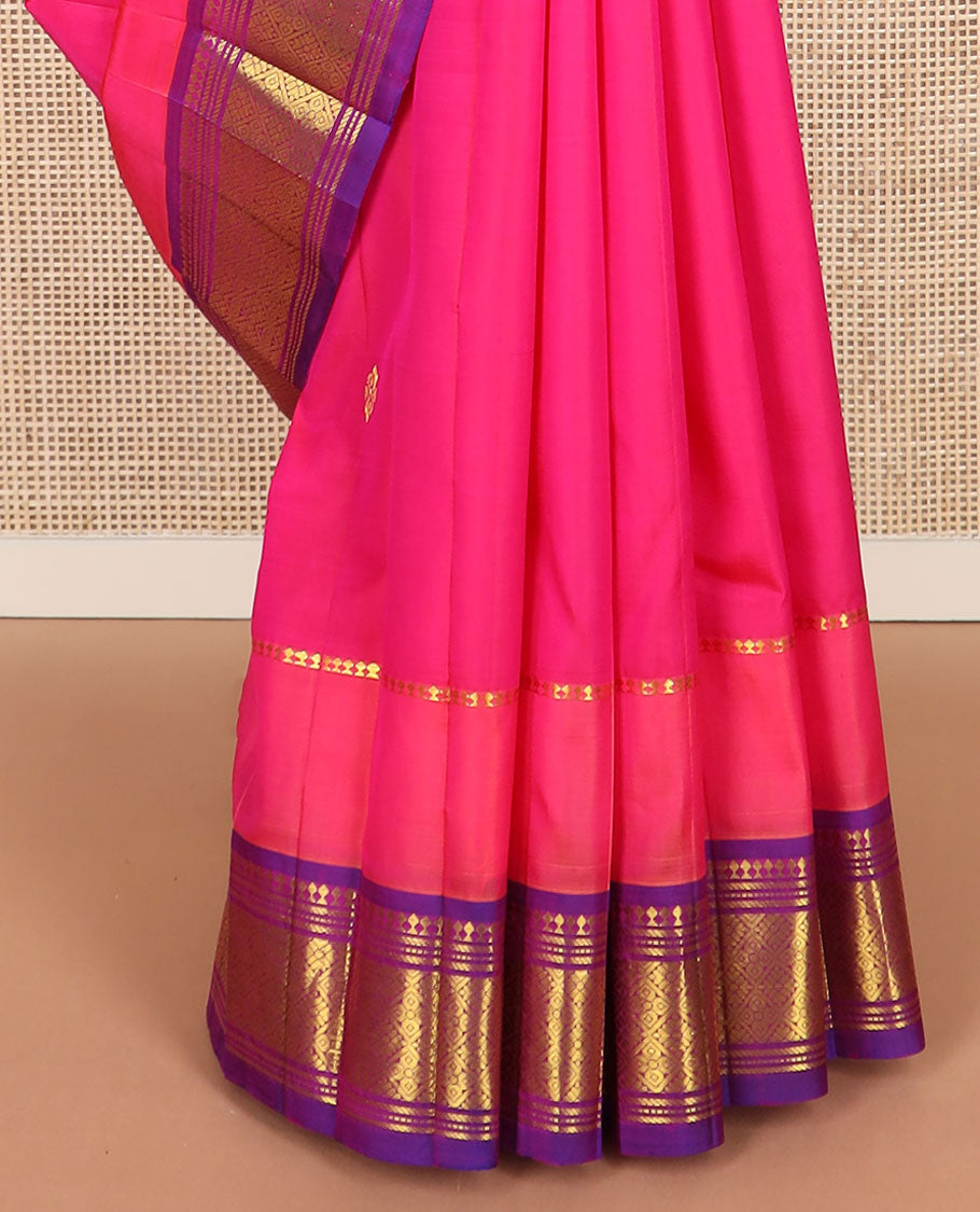 Pink buttas kancheepuram silk saree with contrast border of thilakam mokku, banaras, checked design & floral design pallu