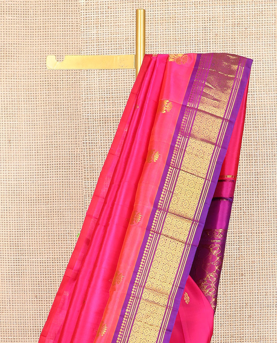 Pink buttas kancheepuram silk saree with contrast border of thilakam mokku, banaras, checked design & floral design pallu